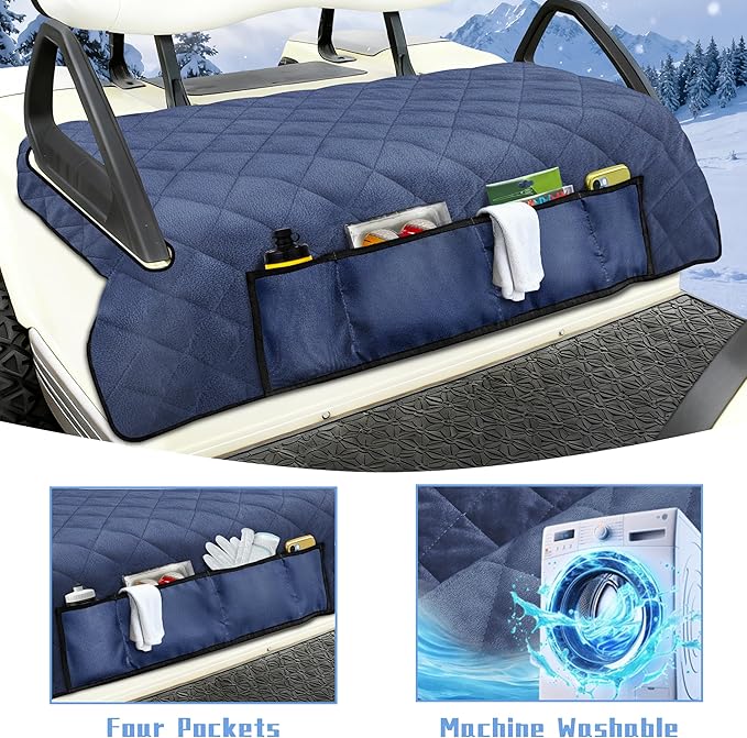 YOKYHOM Golf Cart Seat Covers with 4 Front Pockets, Thick Seat Towel Blanket with Non-Slip Backing, Fits EZGO, Club Car, Yamaha and More 2 & 4 Passenger Golf Carts, Navy Blue