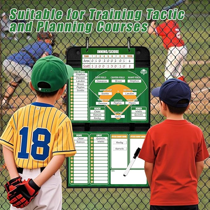 Magnetic Baseball Lineup Board - Collapsible Professional Softball & Baseball Coach Clipboard for Dugout, Leather Cover, 40 Lineup Cards, Markers & Eraser, Tactical Planning for Training & Games