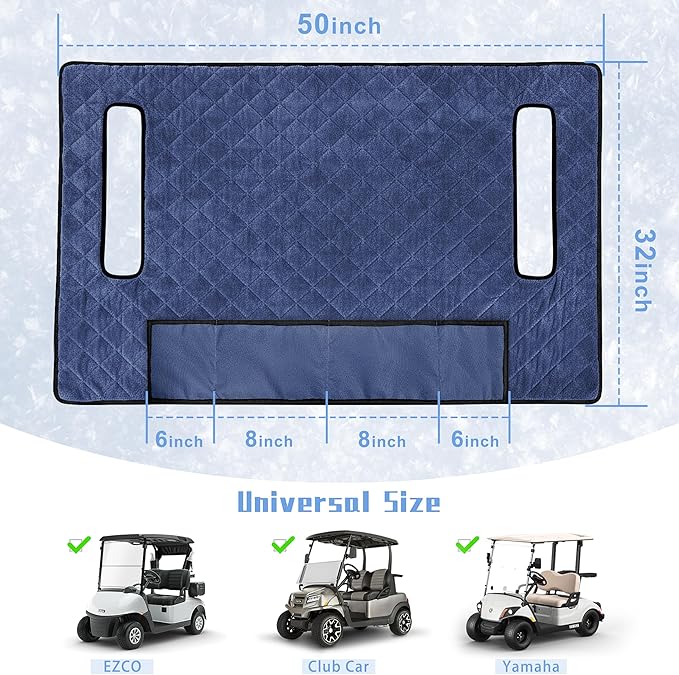 YOKYHOM Golf Cart Seat Covers with 4 Front Pockets, Thick Seat Towel Blanket with Non-Slip Backing, Fits EZGO, Club Car, Yamaha and More 2 & 4 Passenger Golf Carts, Navy Blue