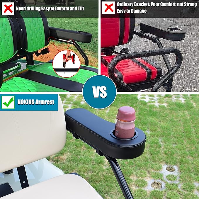 NOKINS Golf Cart Armrest with Cup Holder Support Frame Sturdy No Drilling for Most Golf Cart 1-1/4 inch Round Tube