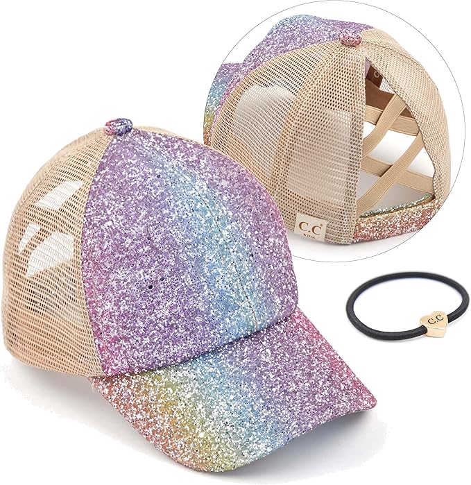 C.C Ponycap Messy High Bun Ponytail Adjustable Glitter Mesh Trucker Baseball Cap