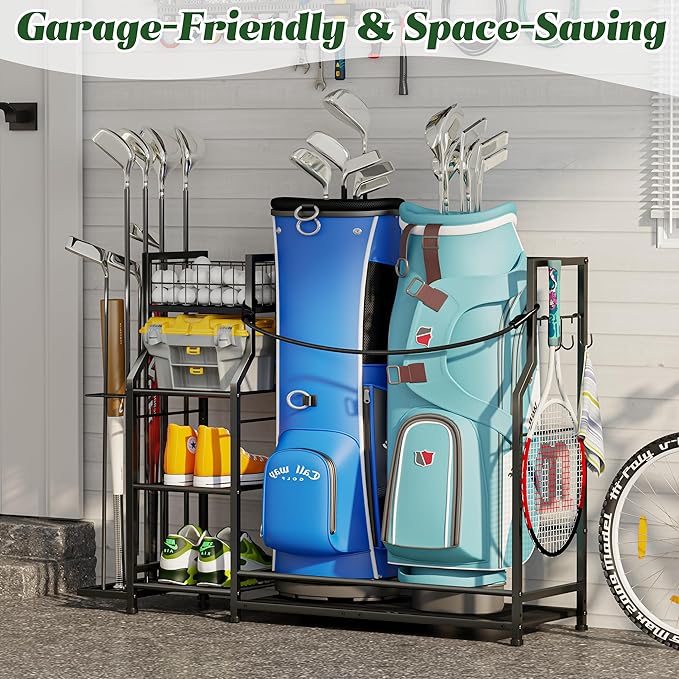 Golf Bag Storage Organizer for Golf Accessories, Golf Bag Stand with Extra Storage Rack for Golf Clubs & Golf Essentials, Golf Bag Holder for Garage Organization Fits 2 Bags, Metal & Wood Construction
