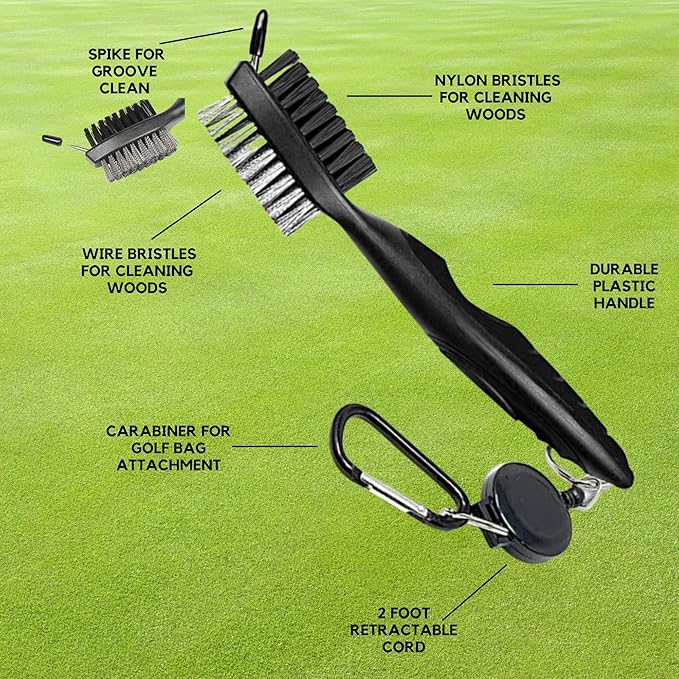 Golf Brush (2 Pack) - Cord and Clip Attachment for Bags and Carts, Club Cleaner Ideal for Woods and Irons - Golf Accesories for Men and Women