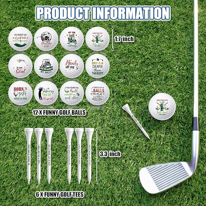 MiniInflat 18 Pcs Funny Golf Balls Gifts Set 12 Humor Golf Balls and 6 Tees for Men Women Coworkers Employees Golfers Birthday Retirement