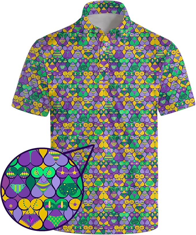 HUURAY Funny Golf Polos for Men Funny Print Short Sleeve Shirts Quick Dry Polo Shirts Hawaiian Shirt Performance Golf Outfits