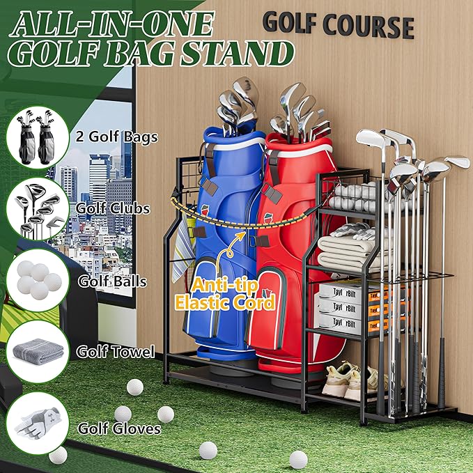 Golf Bag Storage Organizer for Golf Accessories, Golf Bag Stand with Extra Storage Rack for Golf Clubs & Golf Essentials, Golf Bag Holder for Garage Organization Fits 2 Bags, Metal & Wood Construction