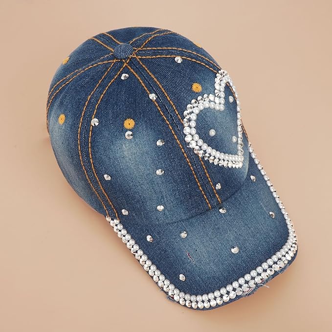 Hoce Fashion Rhinestone Denim Baseball Cap Studded Bling Hat for Women