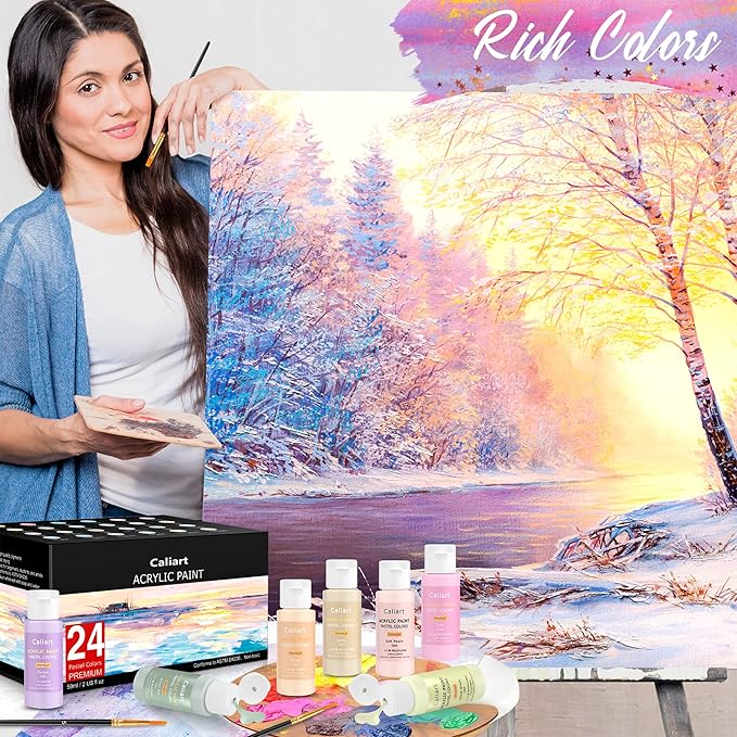 Caliart Acrylic Paint Set with 12 Brushes, 36 Pastel Colors Art Craft Paint - Image 8