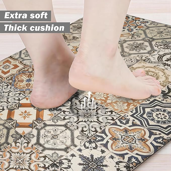 Boho Kitchen Rugs Set 2 Memory Foam Colorful Ceramic Comfort Tile Floor Mat - Image 3