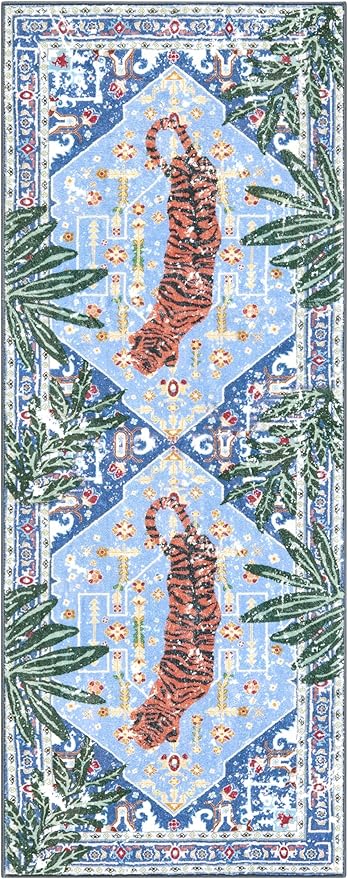 Oriental Tropical Kitchen Runner Rug 2x5 Washable, Thin Stain Resistant Blue - Image 6