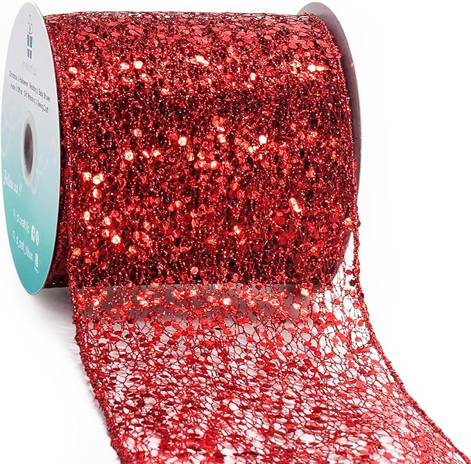 CT CRAFT LLC Sparkling Glitter Mesh Wired Ribbon 4" x 10 Yards Red by CTCRAFTLLC