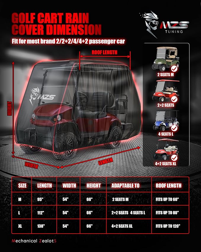 MZS Golf Cart Cover Compatible with 2/4/4+2 Passenger Car, Heavy Duty 600D Waterproof Golf Cart Covers Outdoor Accessories with Zipper Cotton Wind Sun Rain Proof Reflective Vents
