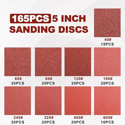 165 PCS 5 Inch Sanding Discs, 8 Hole Hook and Loop Round Sandpaper - Image 2