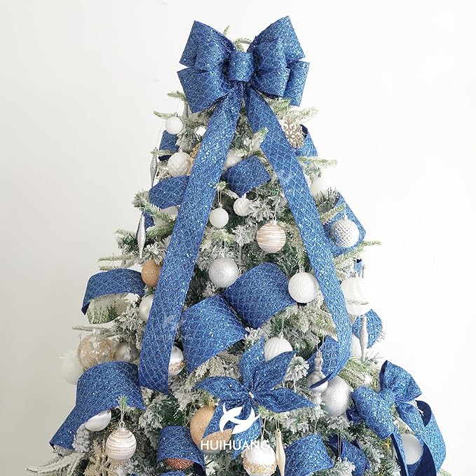 HUIHUANG Navy Blue Wired Christmas Ribbon 4 inch Navy Glitter Wired Ribbon - Image 5