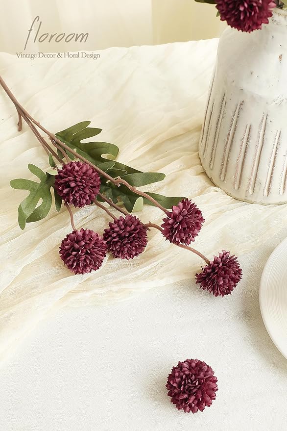 Floroom 5pcs Burgundy Faux Silk Mums Artificial Flowers, Bulk Fake Small Mini - Image 3