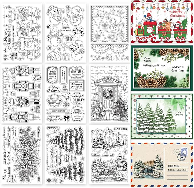 ORIGACH 9 Sheets Different Style Winter Christmas Clear Stamps Silicone by ORIGACH