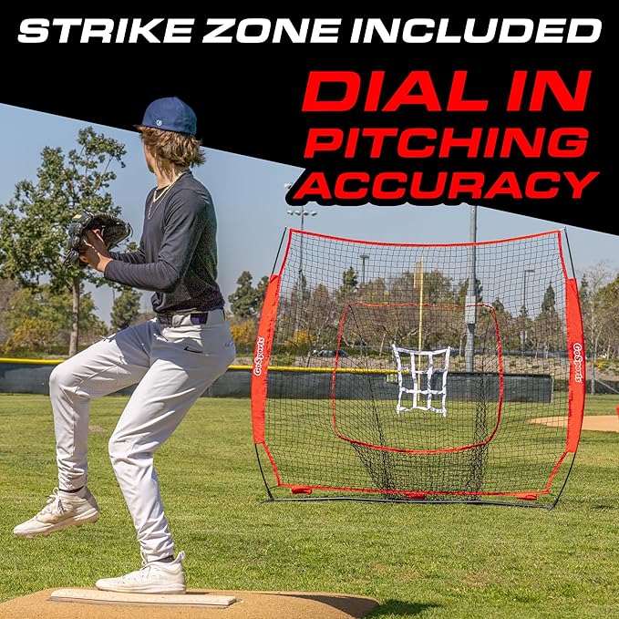 GoSports 7 ft x 7 ft Baseball & Softball Nets - Red, Black, or PRO -Practice Hitting & Pitching Net with Bow Type Frame, Carry Bag and Strike Zone, Great for All Skill Levels