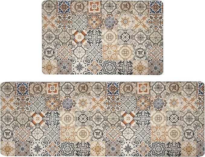Boho Kitchen Rugs Set 2 Memory Foam Colorful Ceramic Comfort Tile Floor Mat - Image 7
