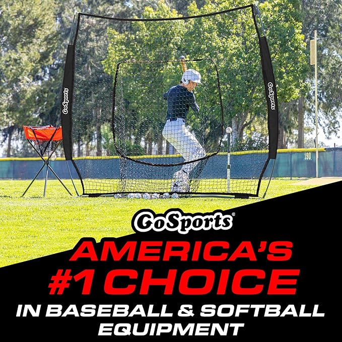 GoSports 7 ft x 7 ft Baseball & Softball Nets - Red, Black, or PRO -Practice Hitting & Pitching Net with Bow Type Frame, Carry Bag and Strike Zone, Great for All Skill Levels