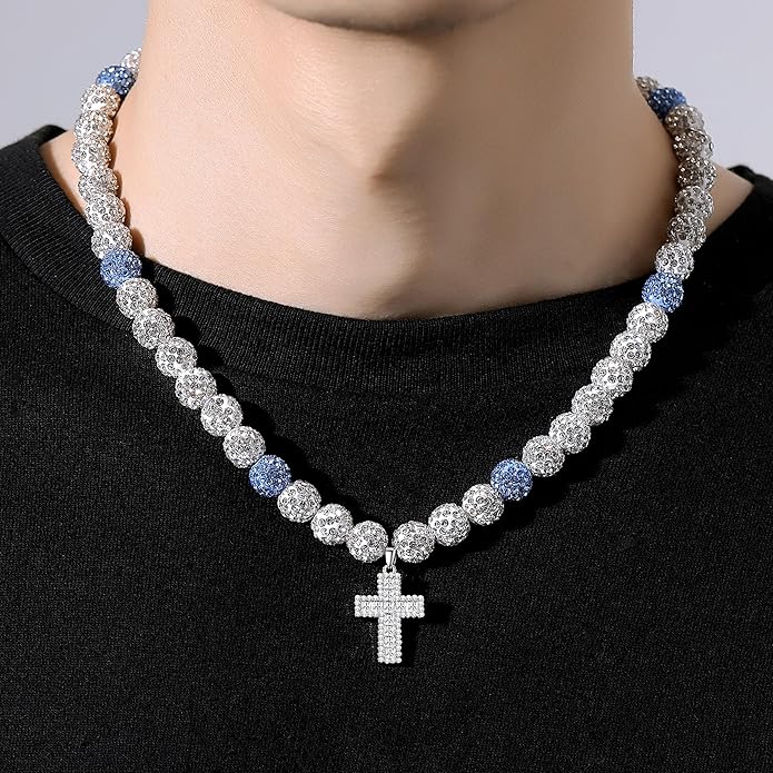 QINJIEJIE Baseball Necklace for Men Glitter Bling Rhinestone Beaded Collection Necklace for Women 16/18in Inspired Sports Jewelry Baseball Chain Cool Gifts for Baseball Players Team Lovers