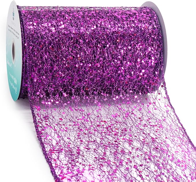 CT CRAFT LLC Sparkling Glitter Mesh Wired Ribbon 6" x 10 Yards Purple by CTCRAFTLLC