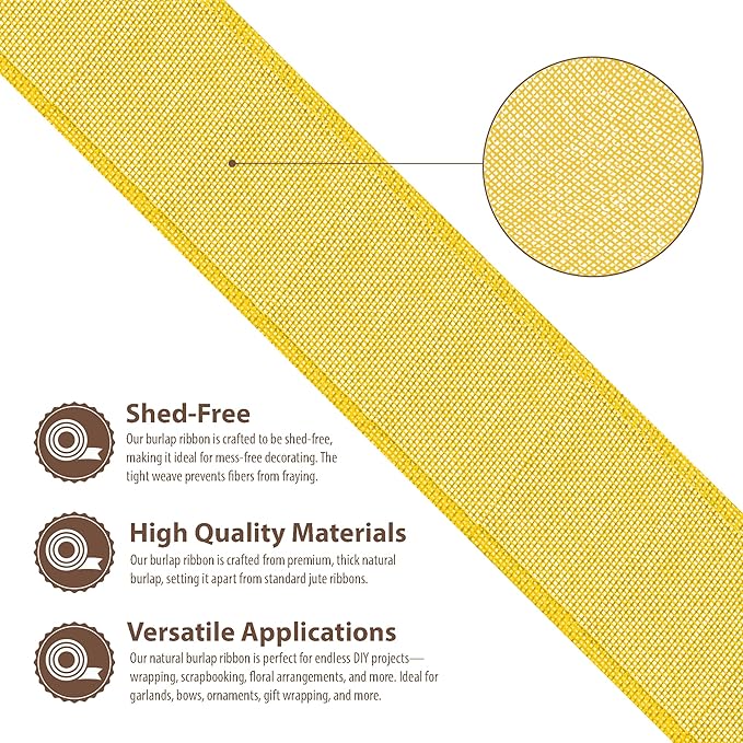 Mandala Crafts Yellow Burlap Wired Ribbon 2.5 Inches Wide Jute Ribbons - Image 3