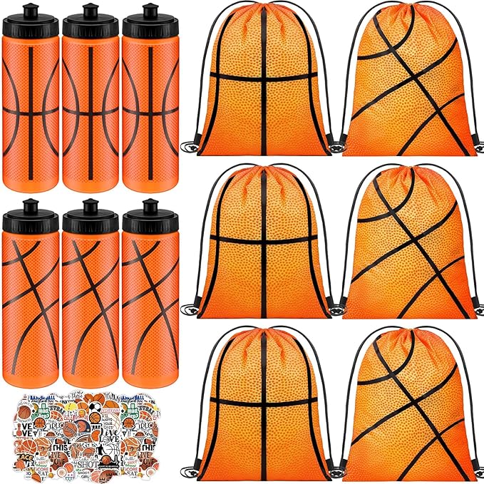 24 Pcs Basketball Water Bottle Basketball Drawstring Bag Set with 50 Sticker Basketball Party Favors 12 Reusable Sports Squeeze Water Bottle 20oz 12 Basketball Goodie Gift Bag for Basketball Team Gift