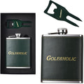Shanker Golf - Hip Flask & Divot Tool Golf Gift Set - Golfaholic Hip Flask & 4-in-1 Divot Tool Set - Funny Golf Gifts for Men - Ball Marker, Groove Cleaner & Bottle Opener