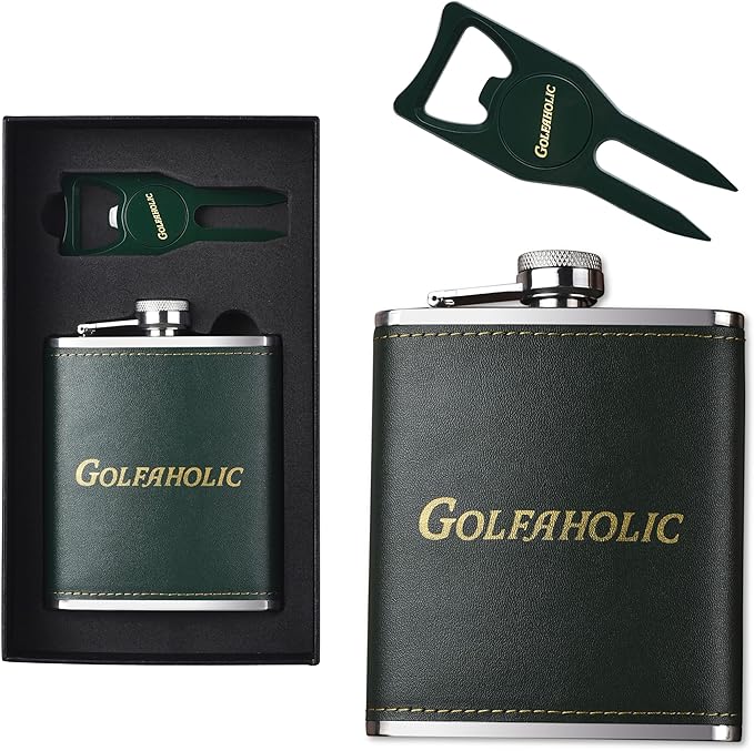 Shanker Golf - Hip Flask & Divot Tool Golf Gift Set - Golfaholic Hip Flask & 4-in-1 Divot Tool Set - Funny Golf Gifts for Men - Ball Marker, Groove Cleaner & Bottle Opener