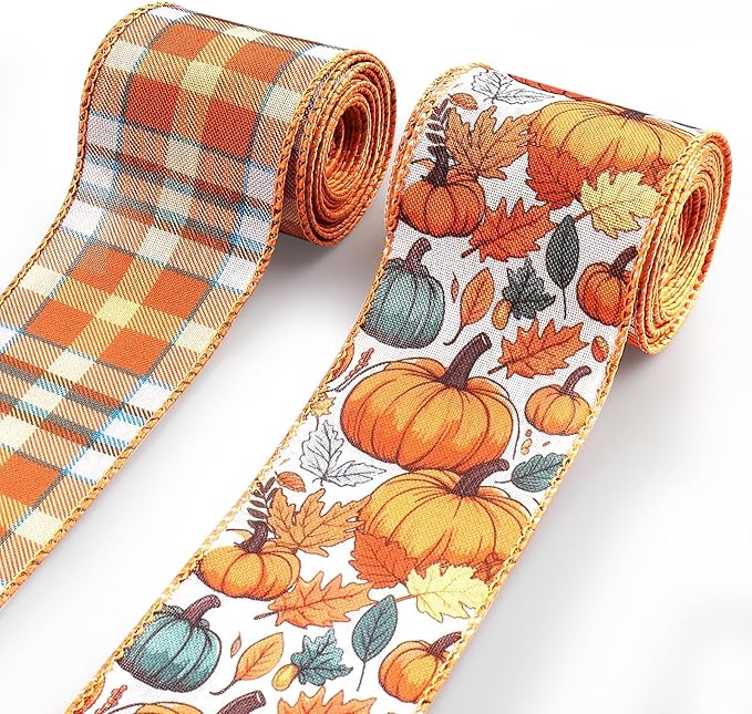 2 Rolls 2.5 Inch x 10 Yards Thanksgiving Fall Wired Ribbon by Habbiful