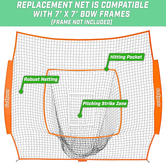 GoSports Replacement 7 x 7 ft Baseball Net - NET ONLY - Frame NOT Included - Choose Your Color