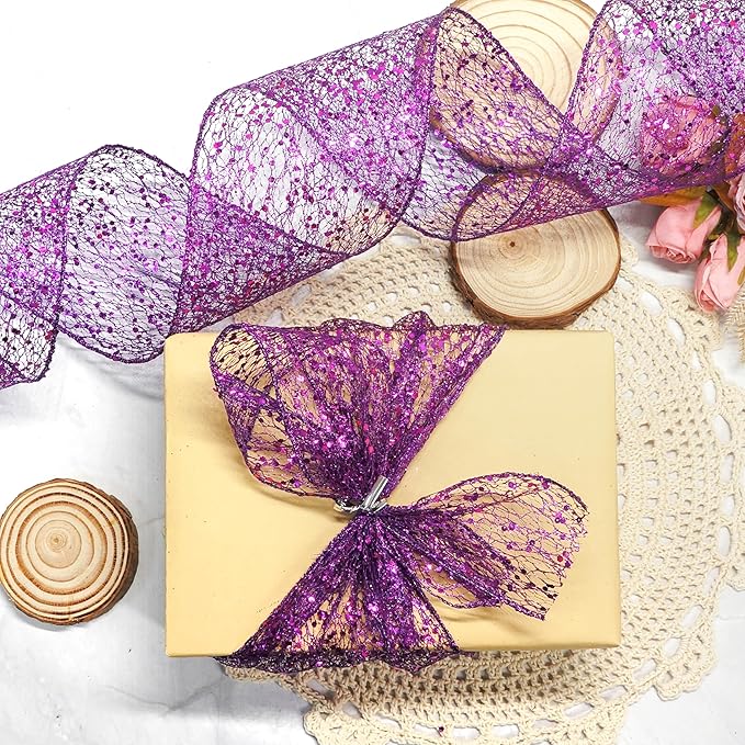CT CRAFT LLC Sparkling Glitter Mesh Wired Ribbon 2.5" x 20 Yards Purple - Image 5