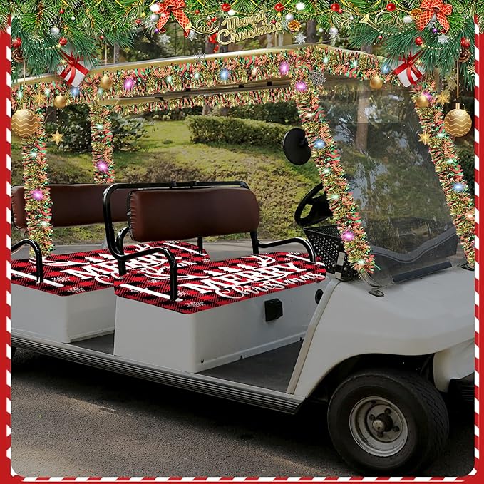 gisgfim Christmas Golf Cart Seat Covers 1 Pcs for 1 Person Seats 33ft Christmas Garland with LED Lights Red and Black Checkered Xmas Decorations Golf Cart Decorations Accessories, 51L x 31W Inches