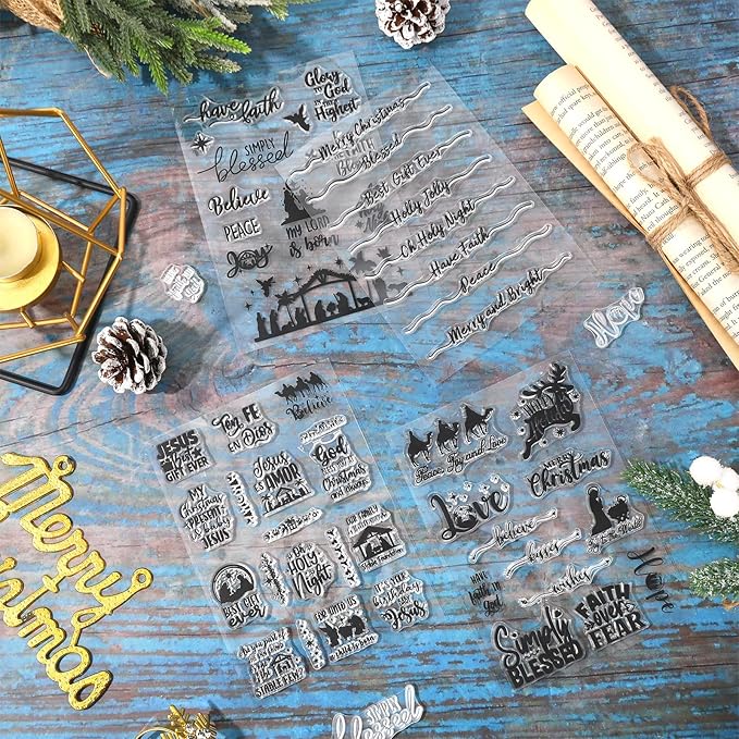 Whaline 4 Sheets Christmas Clear Stamps Greeting Words Nativity Scene Silicone - Image 7