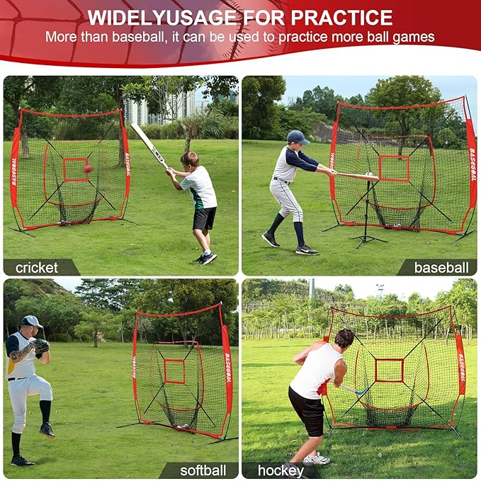 BaseGoal 7'×7' Baseball Softball Practice Net,Baseball Backstop,with Batting Tee,for Hitting Pitching Batting Catching with Bow Frame,Bonus Strike Zone