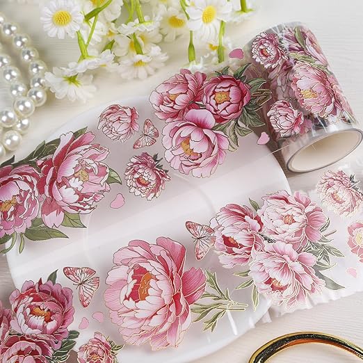 PET Tapes - Pink Flower Scrapbook Supplies, Transparent Floral Tapes by SitsinkArtCraftsTools