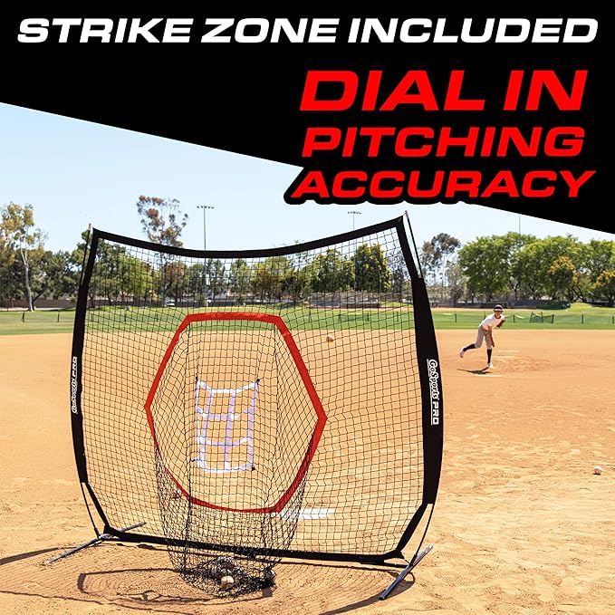 GoSports 7 ft x 7 ft Baseball & Softball Nets - Red, Black, or PRO -Practice Hitting & Pitching Net with Bow Type Frame, Carry Bag and Strike Zone, Great for All Skill Levels