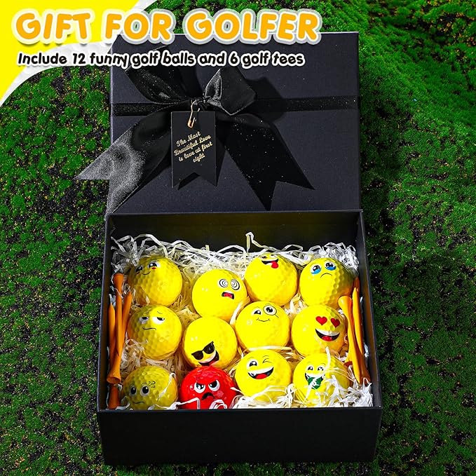 MiniInflat 19 Pcs Funny Golf Balls Set for Kids Adults Includes 12 Emoticon Practice Balls 6 Tees and Gift Box Novelty Golf Accessories for Men Women Birthday