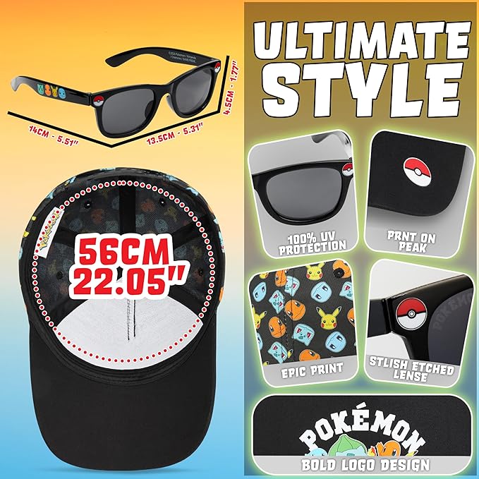 Get Trend Pokemon | Minecraft | Fortnite | Super Mario Kids Baseball Cap, Sunglasses Set UV Protection, Gamer Gifts for Boys
