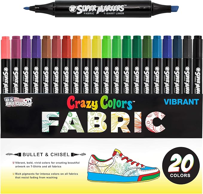 U.S. Art Supply Super Markers 20 Unique Colors Dual Tip Fabric & T-Shirt Marker by USArtSupply