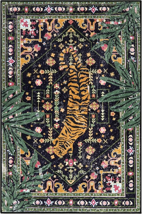Oriental Tropical Entryway Rugs Washable, Thin Black Boho Vintage Distressed - Image 7