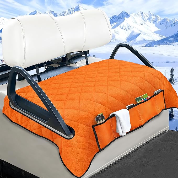 YOKYHOM Golf Cart Seat Covers with 4 Front Pockets, Thick Seat Towel Blanket with Non-Slip Backing, Fits EZGO, Club Car, Yamaha and More 2 & 4 Passenger Golf Carts, Orange