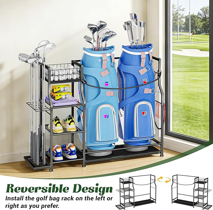 Golf Bag Storage Organizer for Golf Accessories, Golf Bag Stand with Extra Storage Rack for Golf Clubs & Golf Essentials, Golf Bag Holder for Garage Organization Fits 2 Bags, Metal & Wood Construction