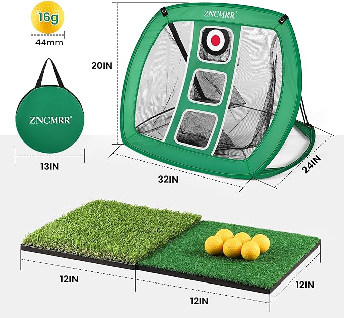 Pop Up Golf Chipping Net, Indoor/Outdoor Golfing Target Net Collapsible Portable Golf Hitting Net with 15 Training Balls and 2 Hitting Mats for Backyard Driving and Swing