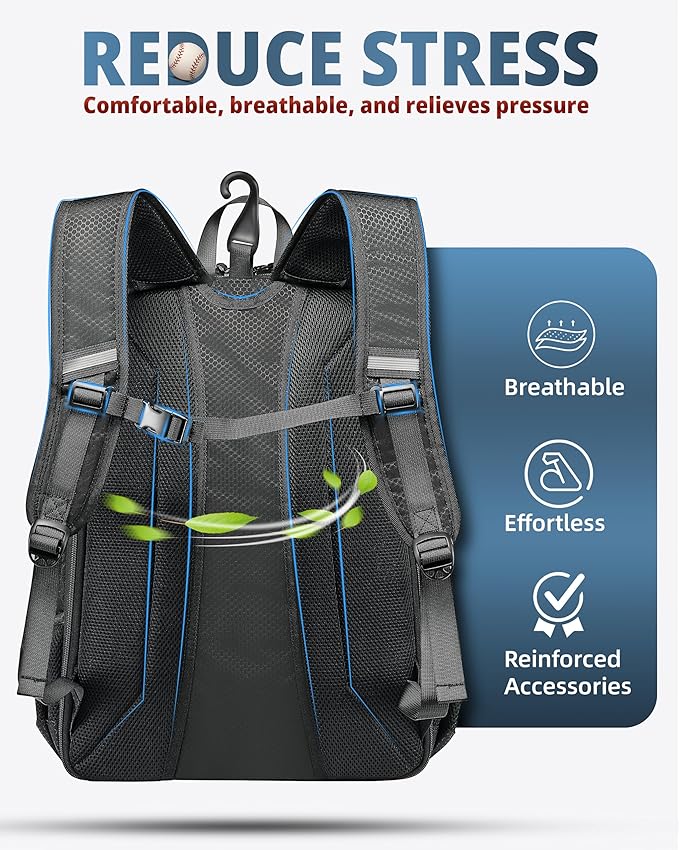 COMECOI Baseball Bag, Baseball Backpack with Helmet Shoes Bag for Youth, Adult, Lightweight Softball Bag with Fence Hook Hold TBall Bat, Baseball Glove, Helmet, Caps, All Gear
