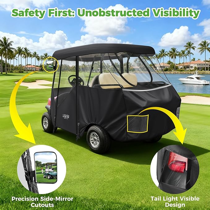 10L0L 2/4/8 Passenger Golf Cart Enclosure for Club Car Precedent/Tempo/Onward, 600D Waterproof Golf Cart Rain Cover, Driving Enclosure with 4-Sided Clear Windows Roll-up Door Black -Roof 58"-141"