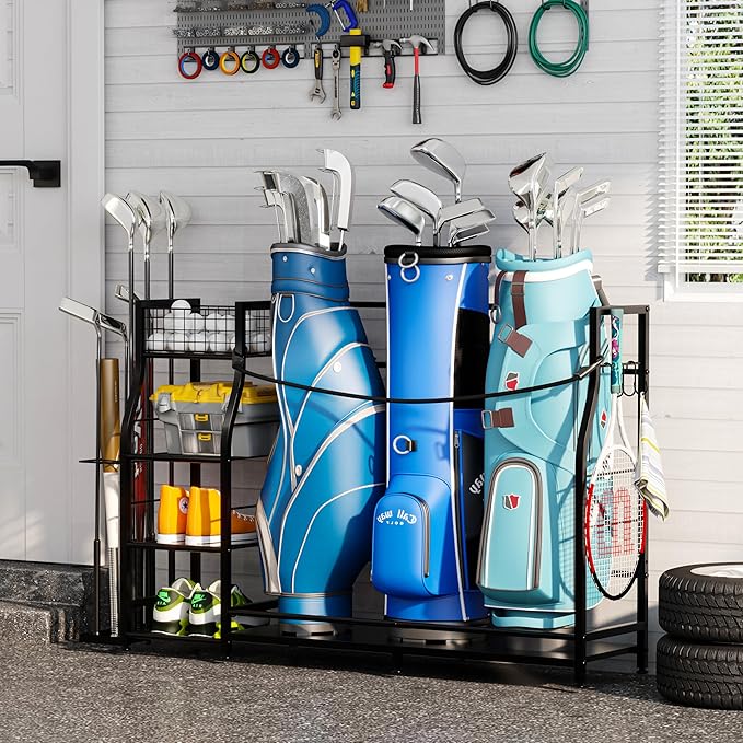 Golf Bag Stand for Golf Bag Accessories, Golf Bag Storage Organizer Fits 3 Bags for Garage Organization, Golf Organizer with Extra Storage Rack for Golf Clubs & Golf Essentials, Golf Gifts for Men