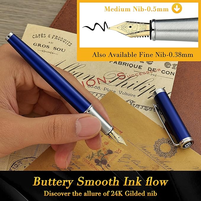 BEILUNER Luxury Fountain Pen Set, Solid 24K Gilded Medium Nib, Modern Classic - Image 4
