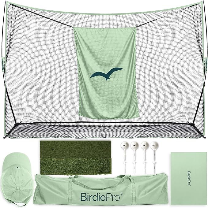 BirdiePro® - American Pro Golf Practice Net, 10x7ft Heavy Duty Golf Hitting Net with EchoShield™ Target & FlexWeave™ Net, Indoor Outdoor Training Backyard, Full Set with Mat, Balls & Cap