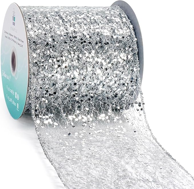 CT CRAFT LLC Sparkling Glitter Mesh Wired Ribbon 4" x 10 Yards Silver by CTCRAFTLLC